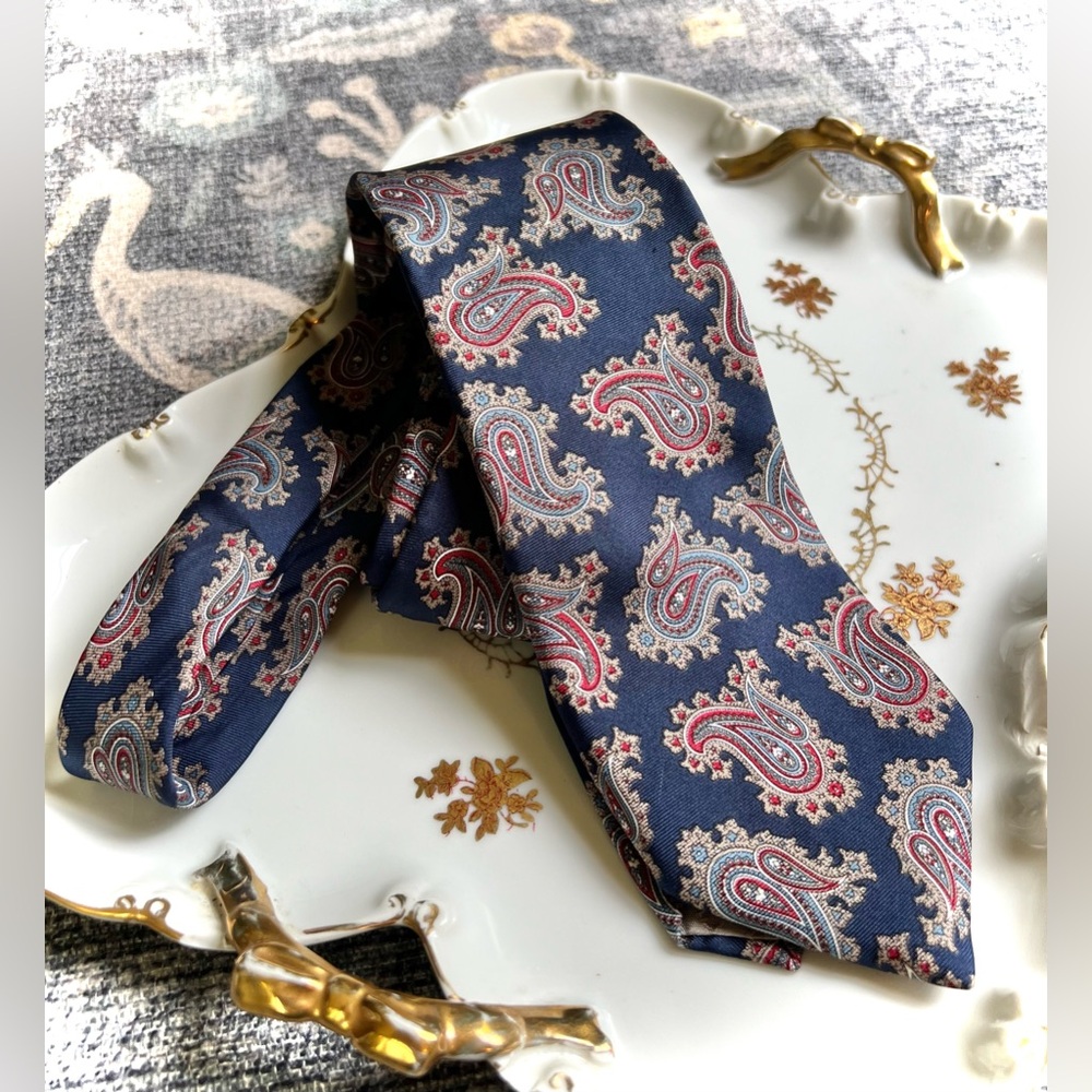 Christian Dior Blue and Red All Silk Tie with Paisley Design